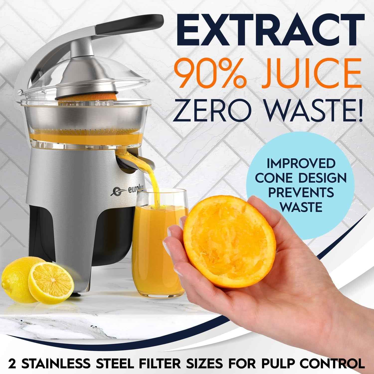 Eurolux Die Cast Stainless Steel Electric Citrus Juicer for Orange, Lemon, Grapefruit, 300 Watt