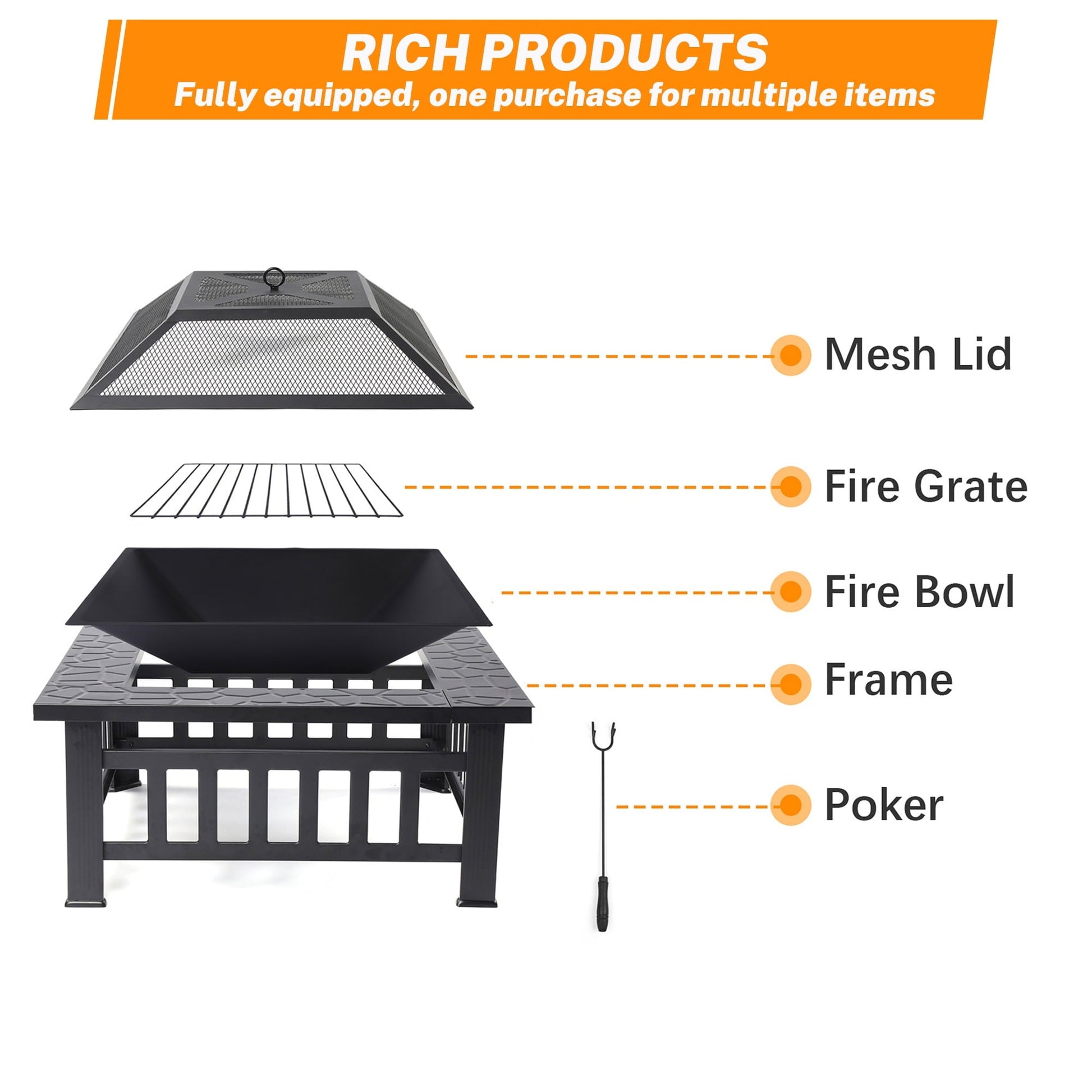 32'' Multipurpose Fire Pit, Outdoor Fire Pit Table for Net Lid/Poker, Square Bronze Firepit Stove for Outside Camping Backyard Bonfire - Home OXO