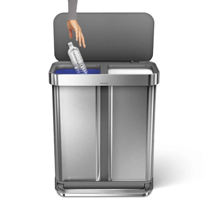 simplehuman 58 Liter / 15.3 Gallon Rectangular Dual Compartment Recycling Step, Brushed Stainless Steel with Soft-Close Plastic Lid Kitchen Trash Can