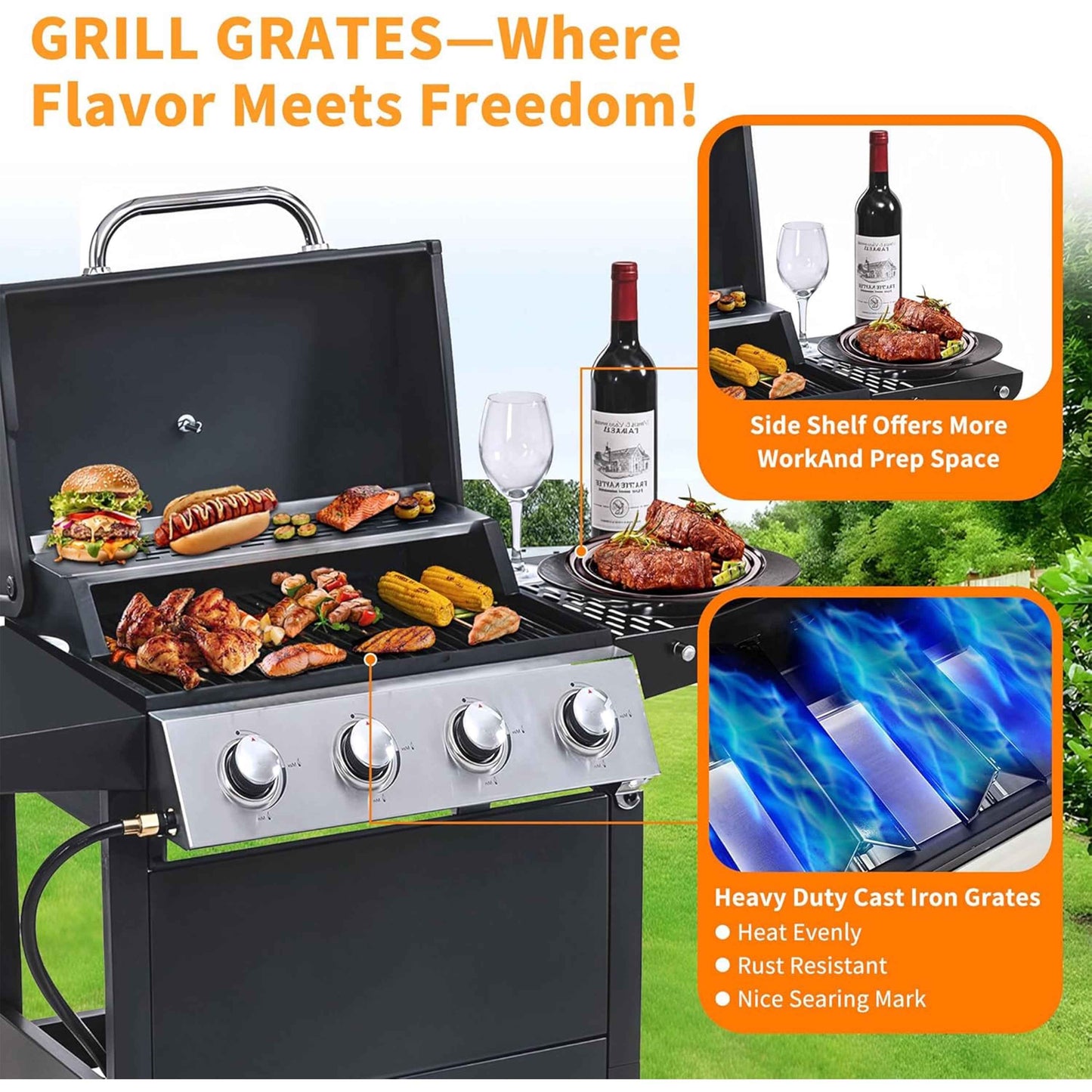 Furnibear 4 Burner BBQ Propane Gas Grill, Stainless Steel 34,000 BTU Patio Garden Barbecue Grill with Two Foldable Shelves