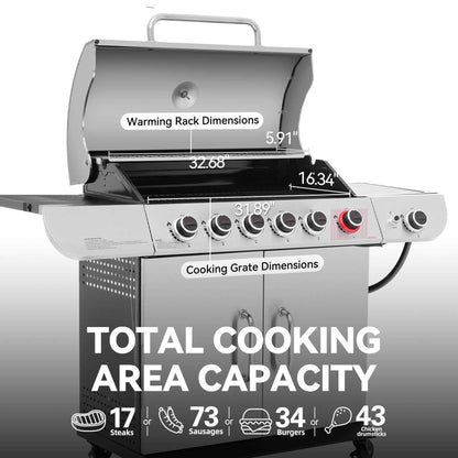 Royal Gourmet SG6002 Classic 6-Burner 71000-BTU LP Gas Grill with Sear Burner and Side Burner, Stainless Steel