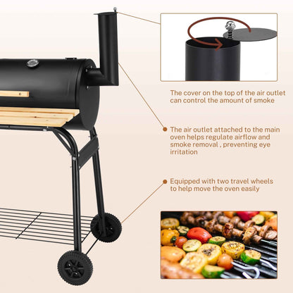 Enyopro Charcoal Grill, Portable BBQ Grill & Smoker Combo, with Offset Smoker and Wood Shelf, Thermometer, Wheels, for Outdoor Picnic, Patio, Backyard, Camping