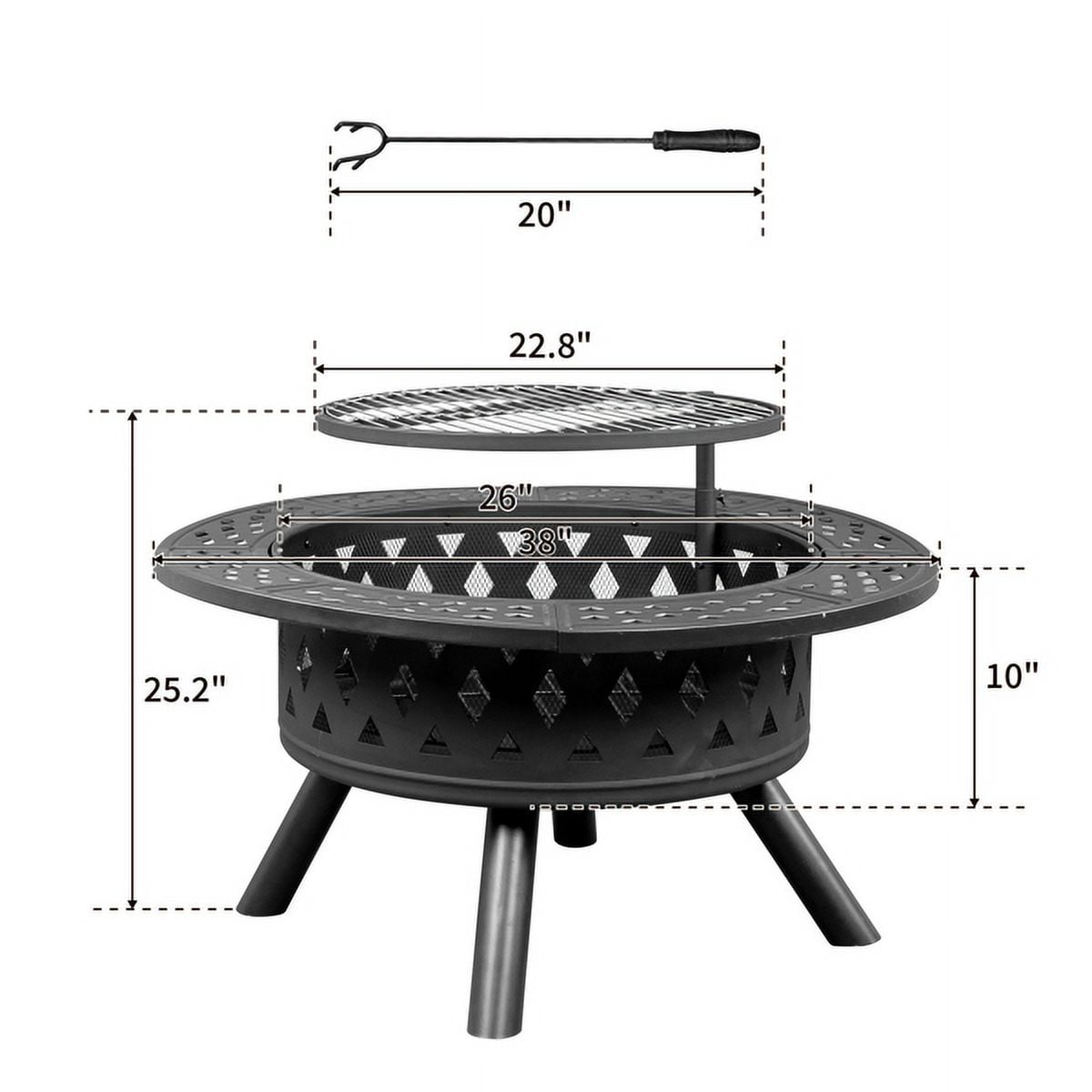 YDLW 38 inch Fire Pit for Outside 2 in 1 BBQ Wood Burning Fire Pit for Outdoor Camping Large Fire Pit Wood Bowl Firepit with Grate Spark Screen Log Grate - Home OXO