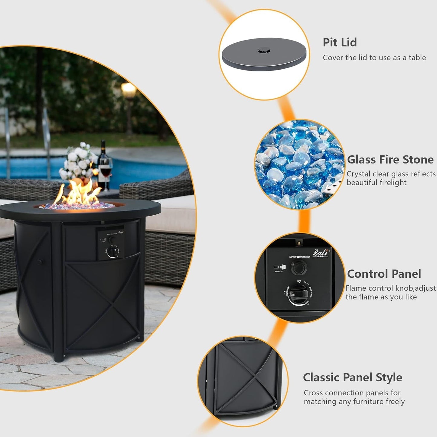 Bali Outdoors 30" Round Gas Fire Pit Table 50000 BTU Fire Column for Outside Backyard, Patio, Black - Home OXO