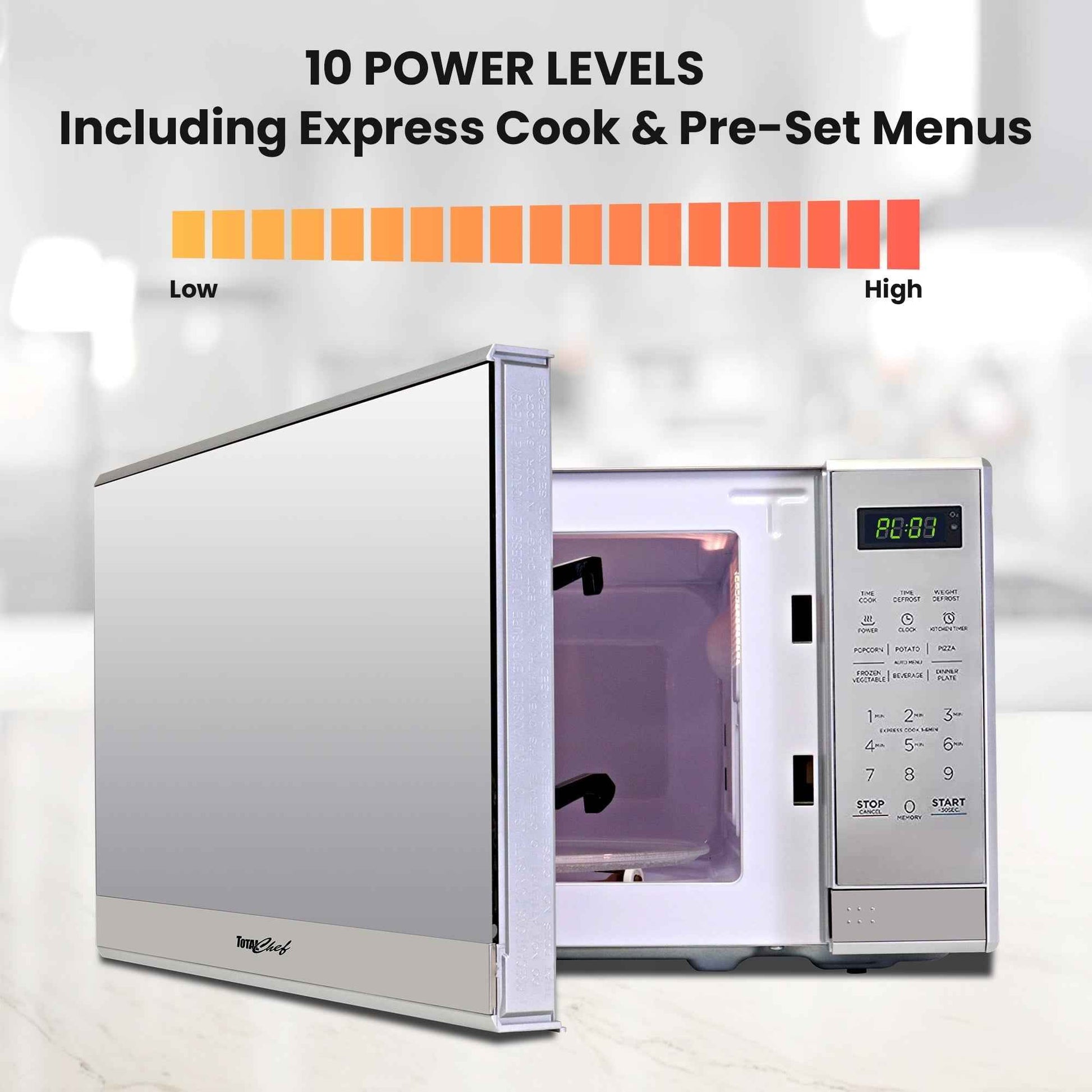 Total Chef Compact Countertop Microwave Oven, 700W, 0.7 Cubic Feet Capacity, Digital Touchscreen Controls, 6 Pre-Set Cooking Modes, Silver Stainless Steel