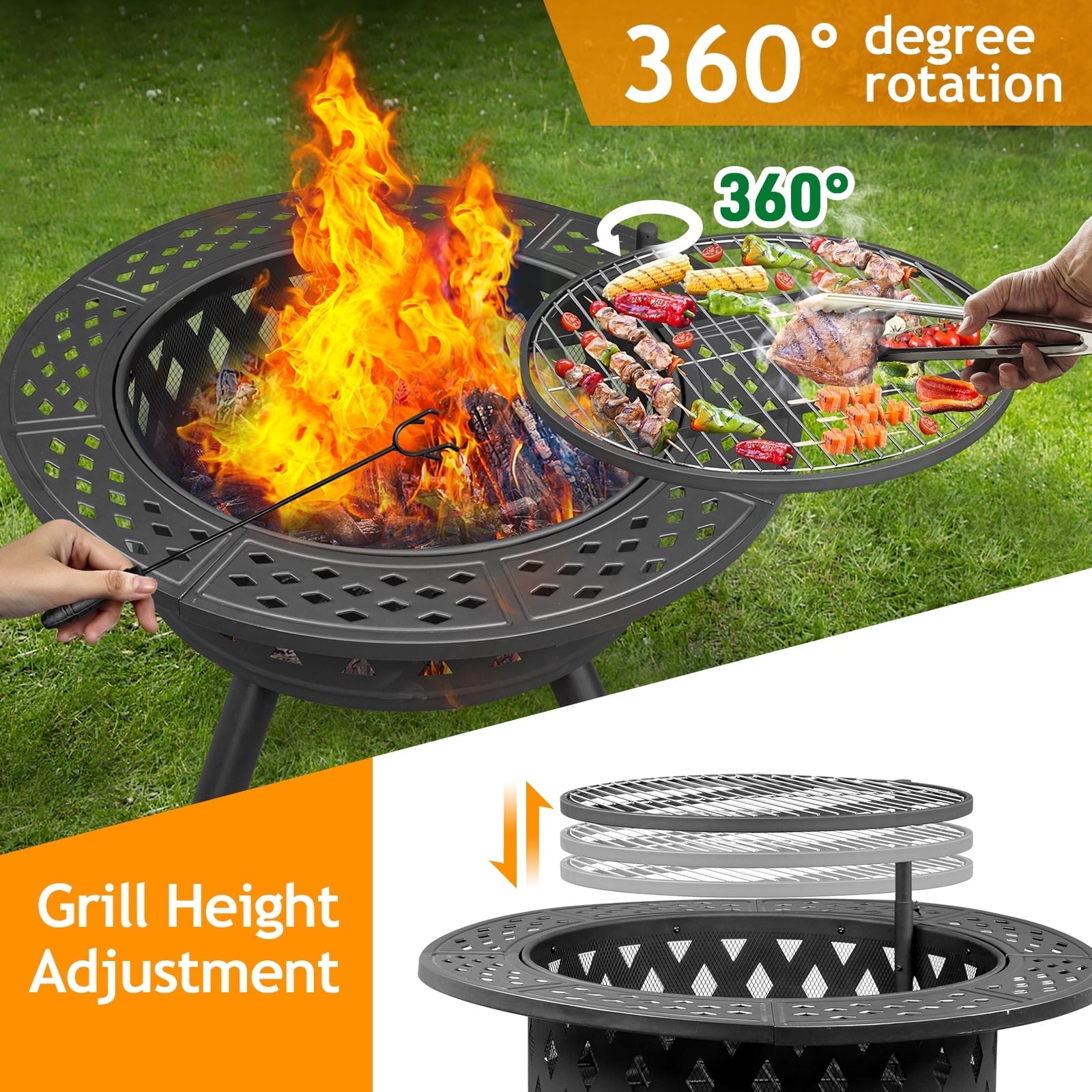 YDLW 38 inch Fire Pit for Outside 2 in 1 BBQ Wood Burning Fire Pit for Outdoor Camping Large Fire Pit Wood Bowl Firepit with Grate Spark Screen Log Grate - Home OXO
