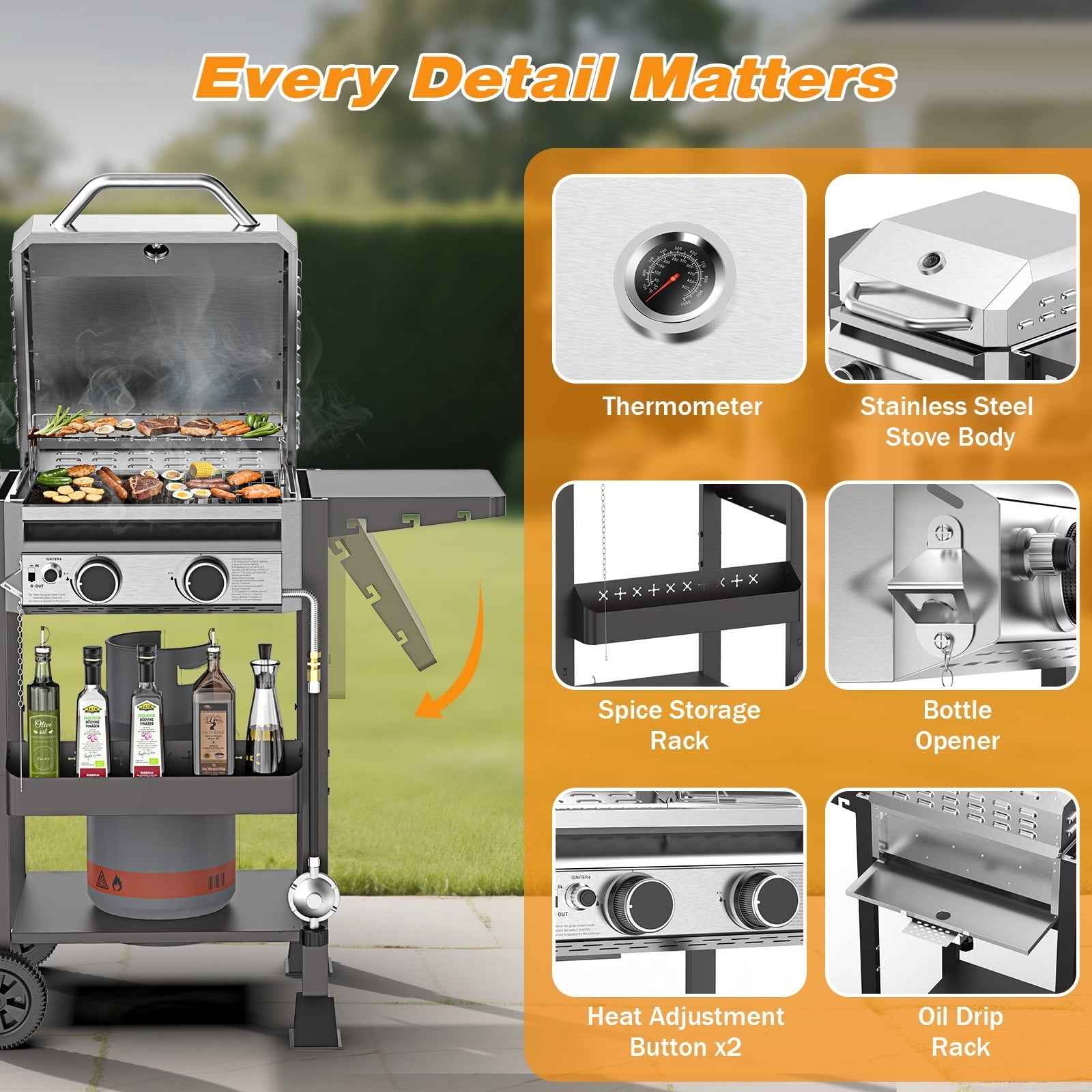 LHRIVER 2 Burner Gas Grill with Side Table, Portable Outdoor Barbecue Cooking BBQ, 16000BTU