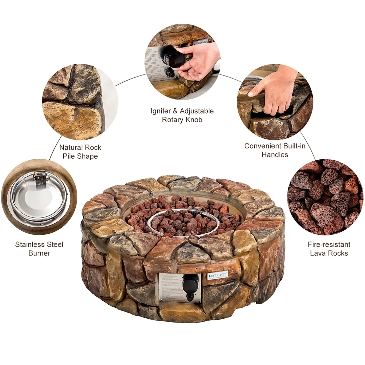 Costway 28'' Propane Gas Fire Pit Outdoor 40,000 BTU Stone Finish Lava Rocks Cover Brown - Home OXO