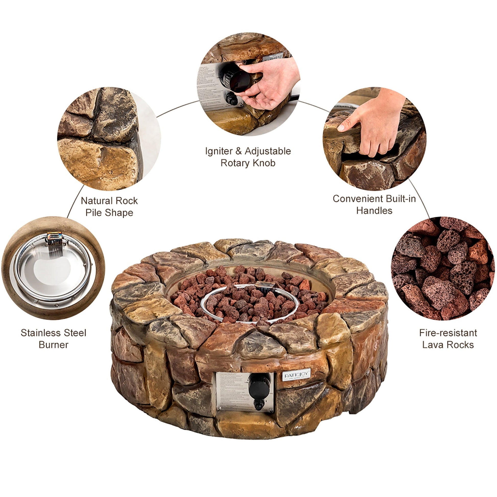 Costway 28'' Propane Gas Fire Pit Outdoor 40,000 BTU Stone Finish Lava Rocks Cover Brown - Home OXO