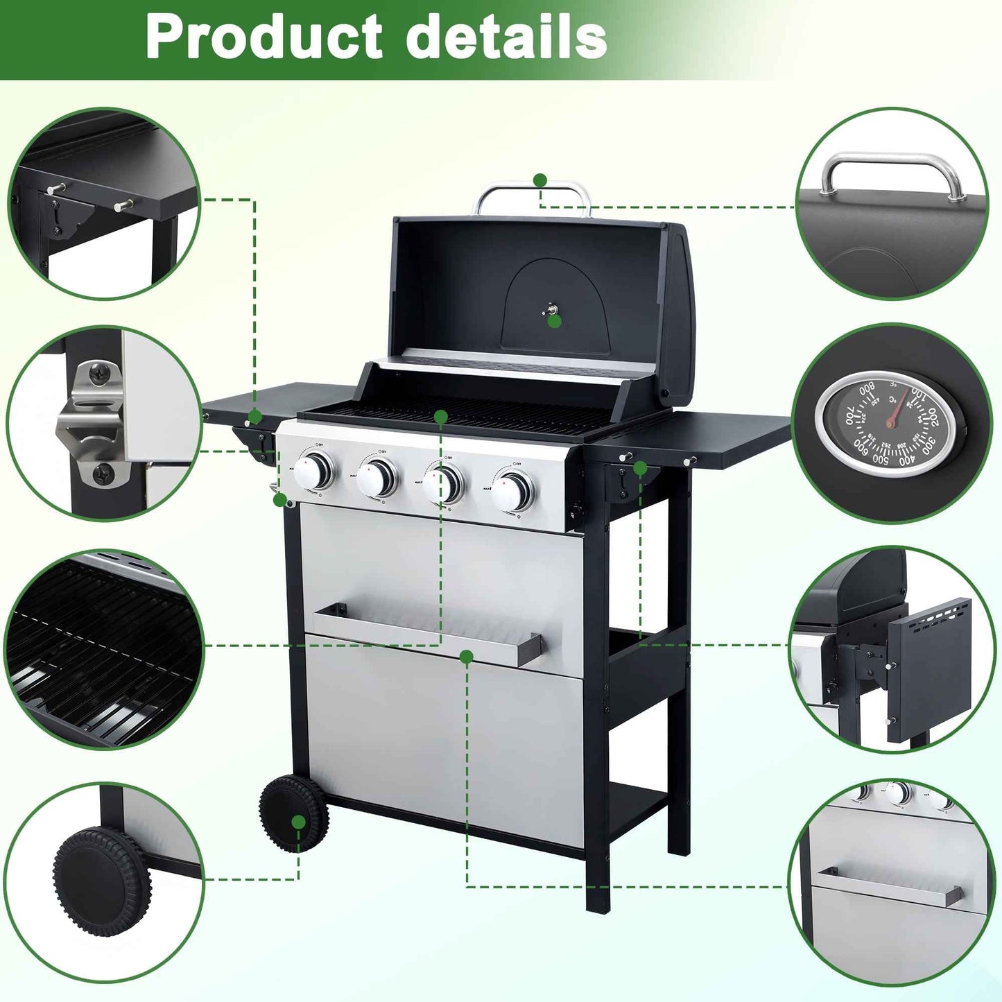 Seizeen 4 Burner Propane Gas Grill, Powerful 34,200BTU Outdoor BBQ Grill on Wheels, Stainless Steel Grill with Thermometer Foldable Table Storage Box, for RV Party Camping Patio