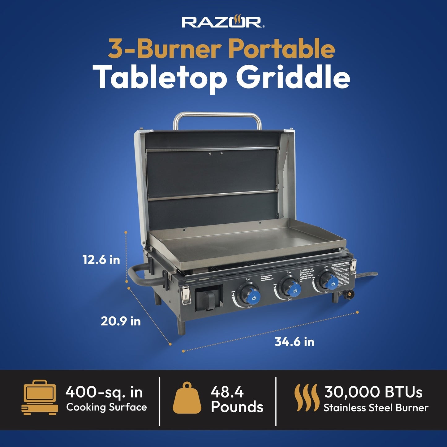 Razor 34.5" 3 Burner Portable Tabletop Griddle for Backyard Cooking and Camping - Home OXO