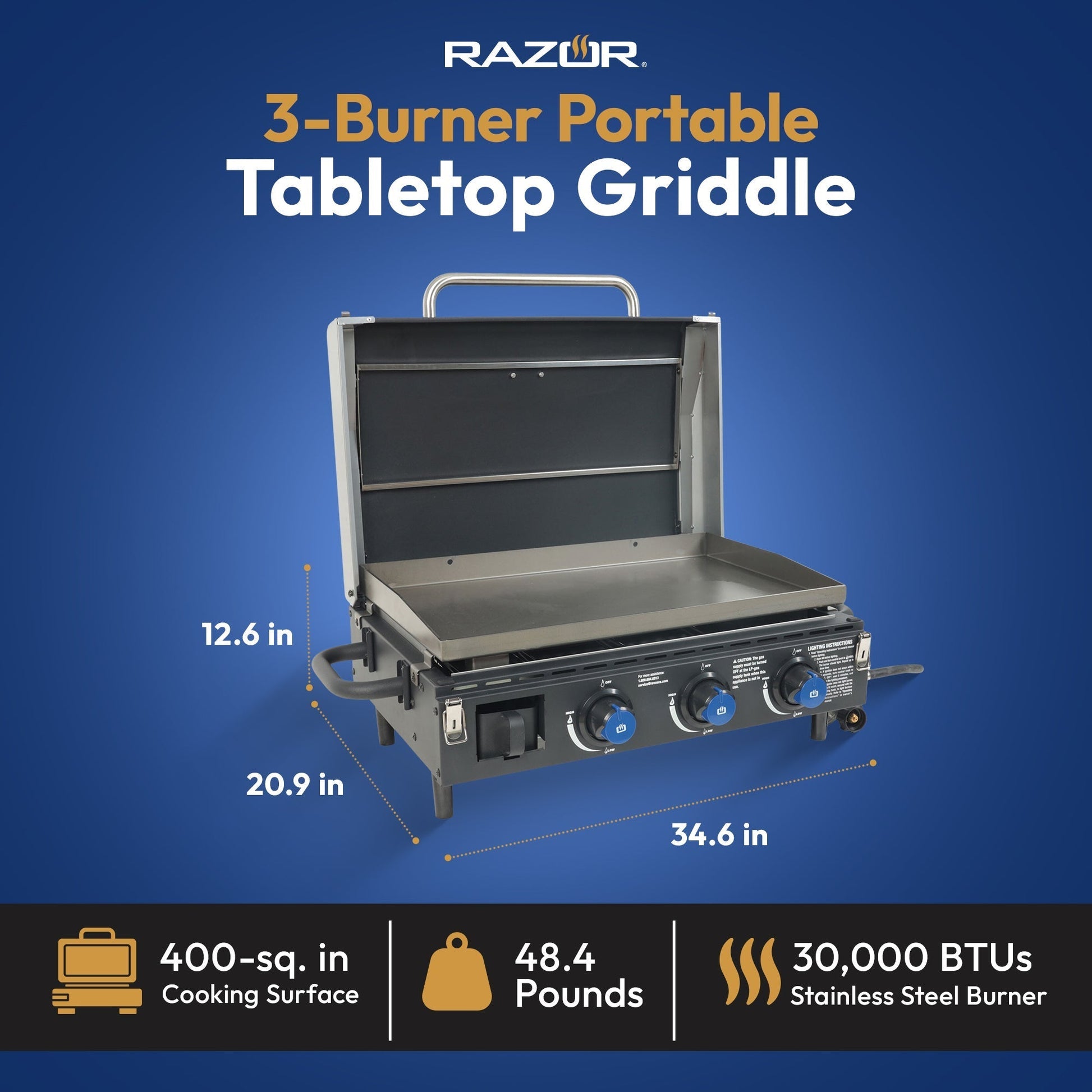 Razor 34.5" 3 Burner Portable Tabletop Griddle for Backyard Cooking and Camping - Home OXO