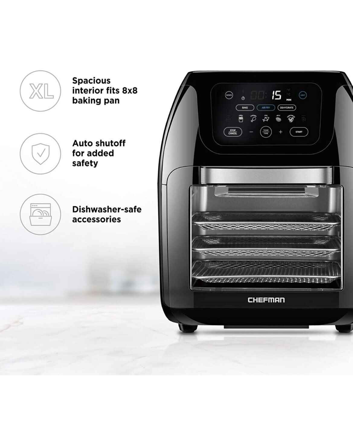 Chefman Digital Air Fryer+ Rotisserie, Dehydrator, Oven, Black, 10L
