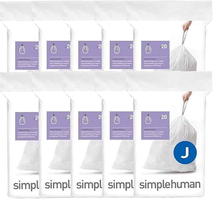 simplehuman Code J Custom Fit Drawstring Trash Bags, 200 Count, 30-45 Liter / 8-12 Gallon, White
