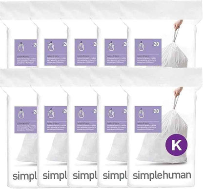 simplehuman Code K Custom Fit Drawstring Trash Bags, 200 Count, 35-45 Liter / 9.3-12 Gallon, White