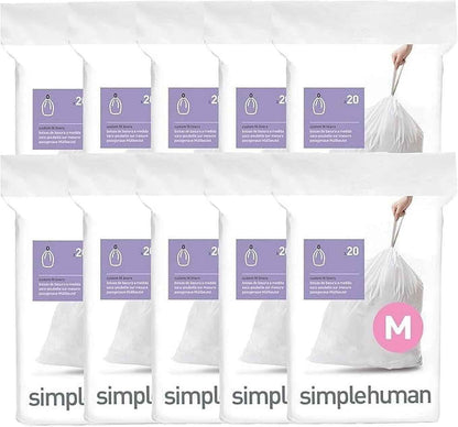 simplehuman Code M Custom Fit Drawstring Trash Bags, 200 Count, 45 Liter / 12 Gallon, White