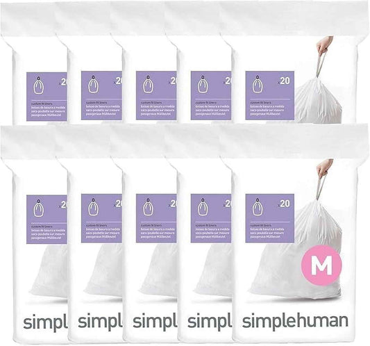simplehuman Code M Custom Fit Drawstring Trash Bags, 200 Count, 45 Liter / 12 Gallon, White