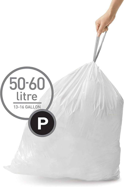 simplehuman Code P Custom Fit Drawstring Trash Bags, 200 Count, 50-60 Liter / 13.2-15.9 Gallon, White