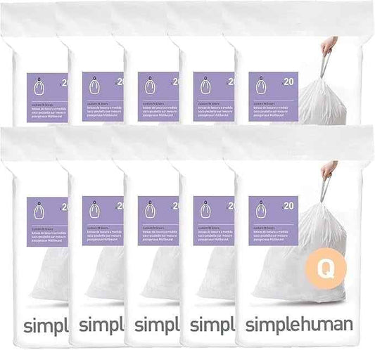 simplehuman Code Q Custom Fit Drawstring Trash Bags in Dispenser Packs, 200 Count, 50-65 Liter / 13-17 Gallon, White