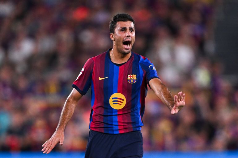 BARCELONA, SPAIN - AUGUST 31: Rodrigo 'Rodri' of FC Barcelona reacts during the LaLiga EA Sports 2026/27 match between FC Barcelona and Rayo Vallecano de Madrid at Spotify Camp Nou on August 31, 2026 in Barcelona, ​​Spain. (Photo by David Ramos/Getty Images)