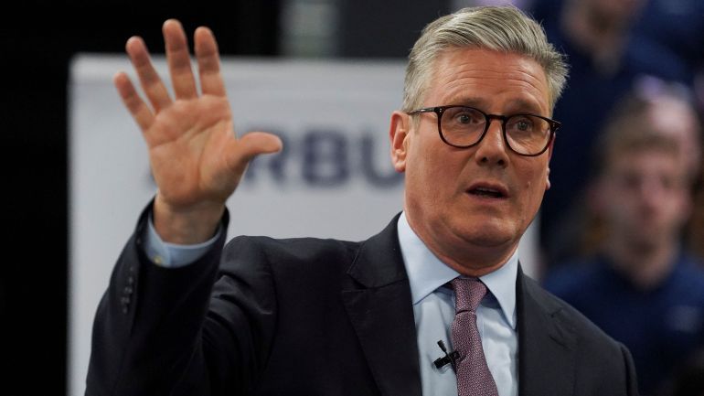 Britain's opposition Labor Party leader Keir Starmer speaks during a Labor General Election campaign event at Airbus Defense and Space in Stevenage, Britain on May 28, 2024. REUTERS/Maja Smiejkowska