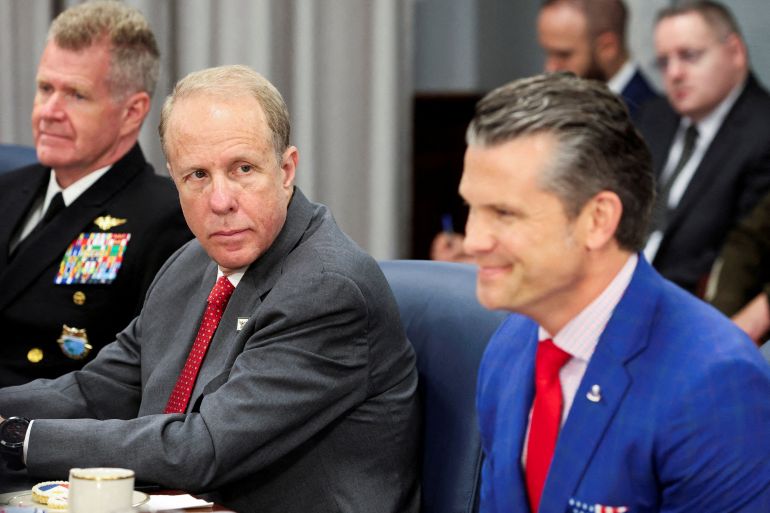 FILE PHOTO: U.S. Deputy Defense Secretary Steve Feinberg sits with Defense Secretary Pete Hegseth as they meet with Philippine President Ferdinand Marcos Jr. at the Pentagon in Washington, U.S., July 21, 2025. REUTERS/Jonathan Ernst. Archive photo.