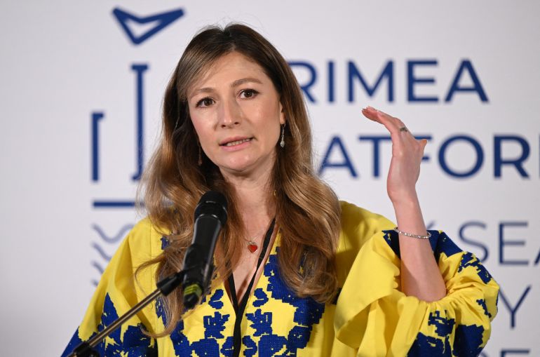 Ukraine's Deputy Foreign Minister Emine Japarova addresses the Black Sea Security Conference under the auspices of the International Crimean Platform in Bucharest, Romania on April 13, 2023. (Photo by Daniel Mihailescu/AFP)
