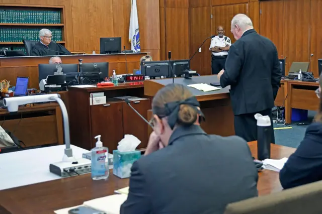 Judge William Sullivan (left) listens as Kevin Reddington (right), Lindsey Clancy's attorney, presents his argument to exclude a member of the jury during Lindsey Clancy's murder trial in Massachusetts County Superior Court on September 4, 2026 in Plymouth, Massachusetts.