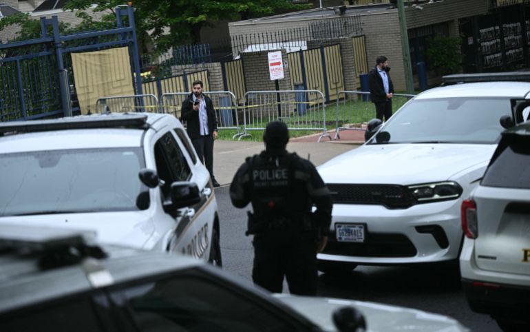 Security officers surround the Israeli embassy in Washington, D.C., on May 22, 2025, following a shooting that left two people dead.