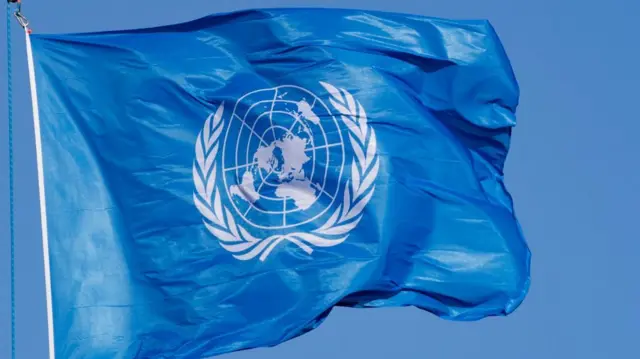The United Nations flag flies on a flagpole. A white logo appears on it with a drawing of the world map in the center equidistant in azimuthal projection, surrounded by olive branches. Archive photo.