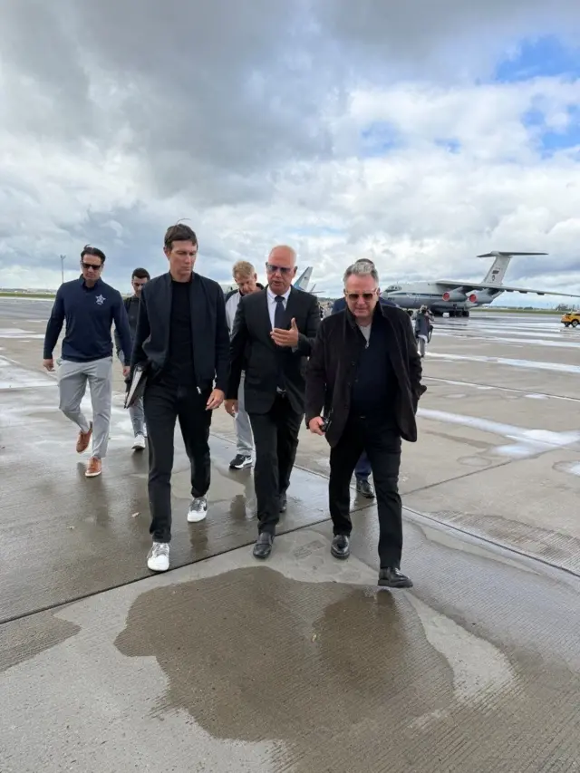 Russian Presidential Ambassador Kirill Dmitriev welcomes US special representatives Jared Kushner and Steve Vitkov at Vnukovo International Airport in Moscow on September 5, 2026.