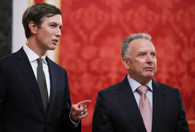 Jared Kushner (L), son-in-law of US President Donald Trump, and US Special Envoy Steve Witkoff (R) wait to meet with Russian President Vladimir Putin at the Kremlin on September 5, 2026 in Moscow, Russia.