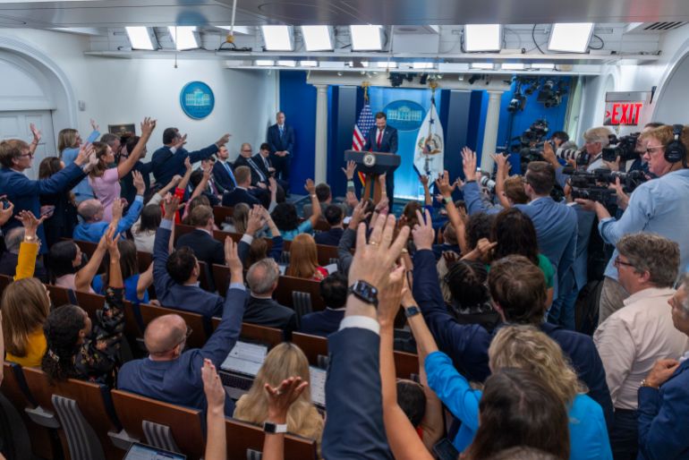 epa13209909 US Vice President JD Vance answers a question from the media during a news conference at the White House in Washington, US, September 3, 2026. Vice President Vance spoke on a variety of topics, including Iran, inflation and commercial driver licensing. EPA/SHAWN THEW