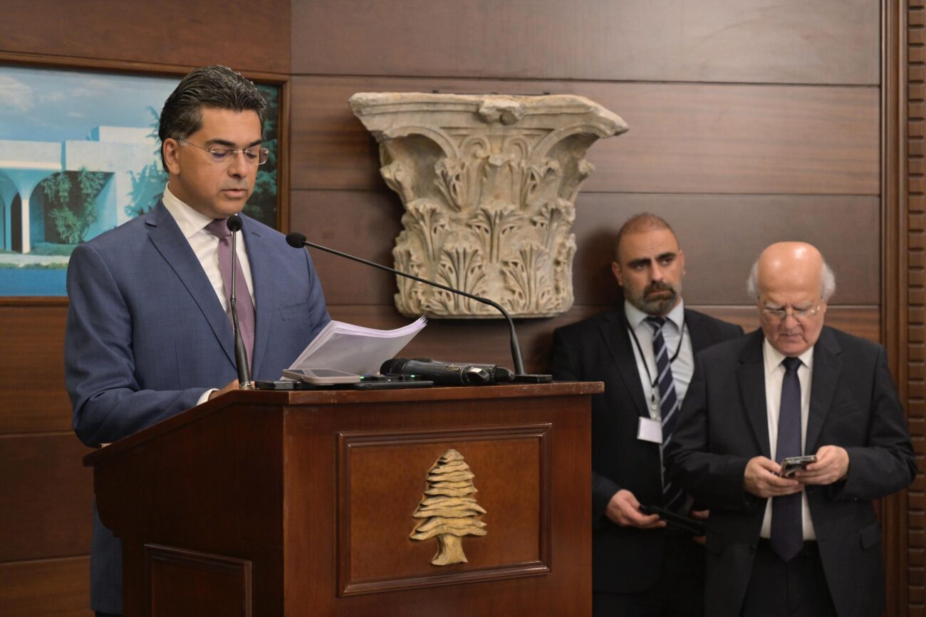 Minister of Information Paul Morcos on the podium of Baabda Palace (Nabil Ismail).