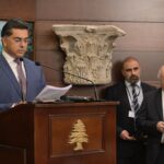 Minister of Information Paul Morcos on the podium of Baabda Palace (Nabil Ismail).
