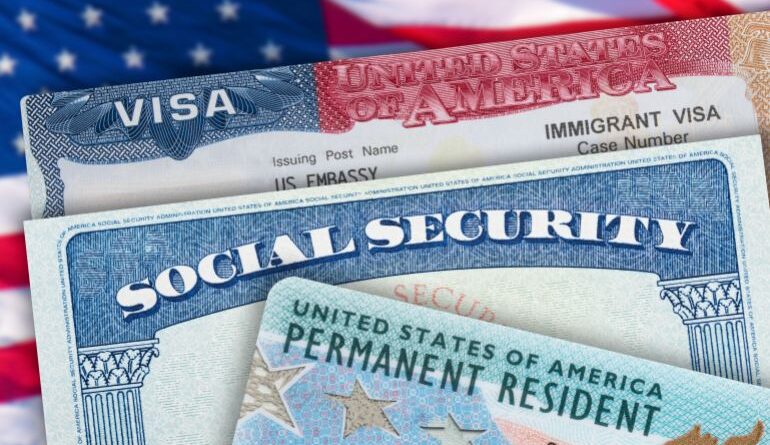 غرين كارد Green Card USA Permanent Resident USA. Social security card. VISA United States of America. Electronic diversity visa lottery. DV-2022 DV Lottery Results. American flag in the background.