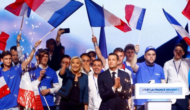 Le Pen, head of the parliamentary bloc of the far-right French National Rally, and Jordan Bardela, head of this group.