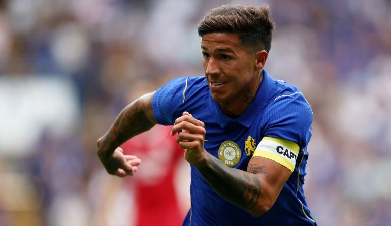 LONDON, ENGLAND - AUGUST 15: Enzo Fernandez of Chelsea dodges the ball during the pre-season friendly match between Chelsea and Real Sociedad at Stamford Bridge on August 15, 2026 in London, England. (Photo by Ryan Pierse/Getty Images)