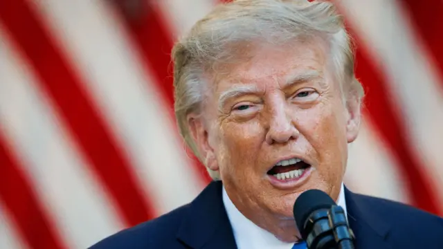 US President Donald Trump speaks during an end-of-summer barbecue with Republican lawmakers in the Rose Garden of the White House in Washington, DC. In the photo, Trump is seen at his top in a formal navy suit jacket, white shirt and blue tie, with a microphone in front of him and an American flag behind him.